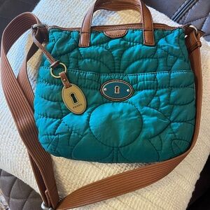 Vintage Fossil Teal Quilted Crossbody Bag with Brown Accents